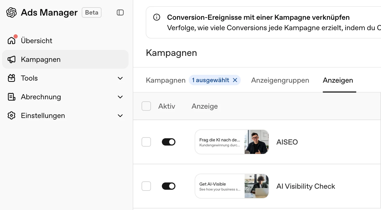 OpenAI Ads Manager in der Beta mit zwei aktiven Kampagnen von aiseo.hamburg in der Anzeigenübersicht