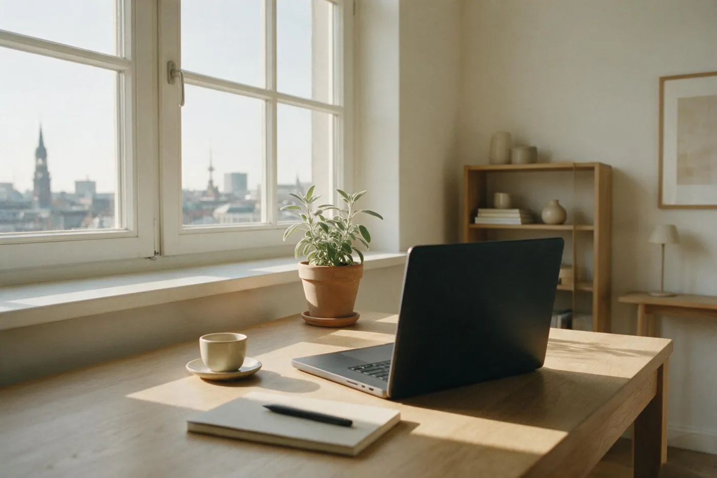 Heller Schreibtisch am Fenster mit Blick über die Dächer von Hamburg, Laptop, Notizbuch und Kaffeetasse im Morgenlicht