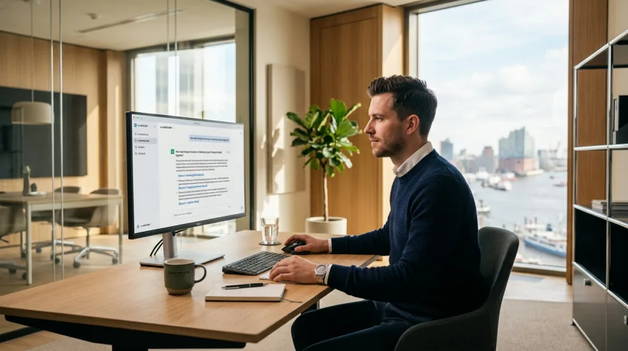 Analyse der KI-Antworten auf einem Monitor im Hamburger Büro