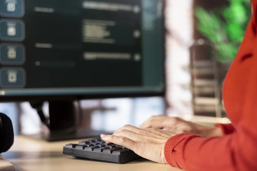 Person tippt am Computer und nutzt einen KI-Assistenten