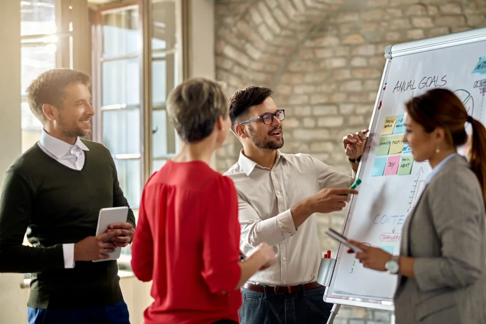 Team im Büro diskutiert vor einem Flipchart mit Notizen