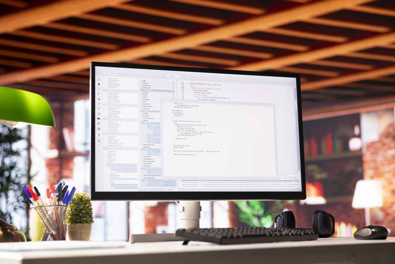 Monitor mit Programmcode in einem Büro mit Ziegelwand