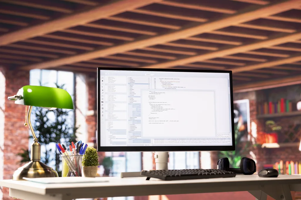 Bildschirm mit Quellcode neben einer grünen Schreibtischlampe