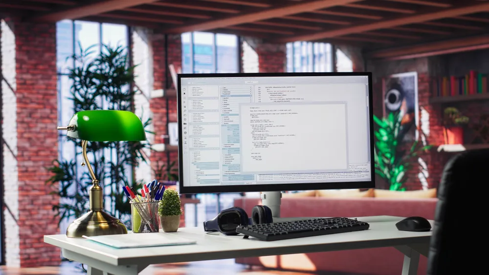 Monitor mit Code in einem Loft-Büro mit Ziegelwand