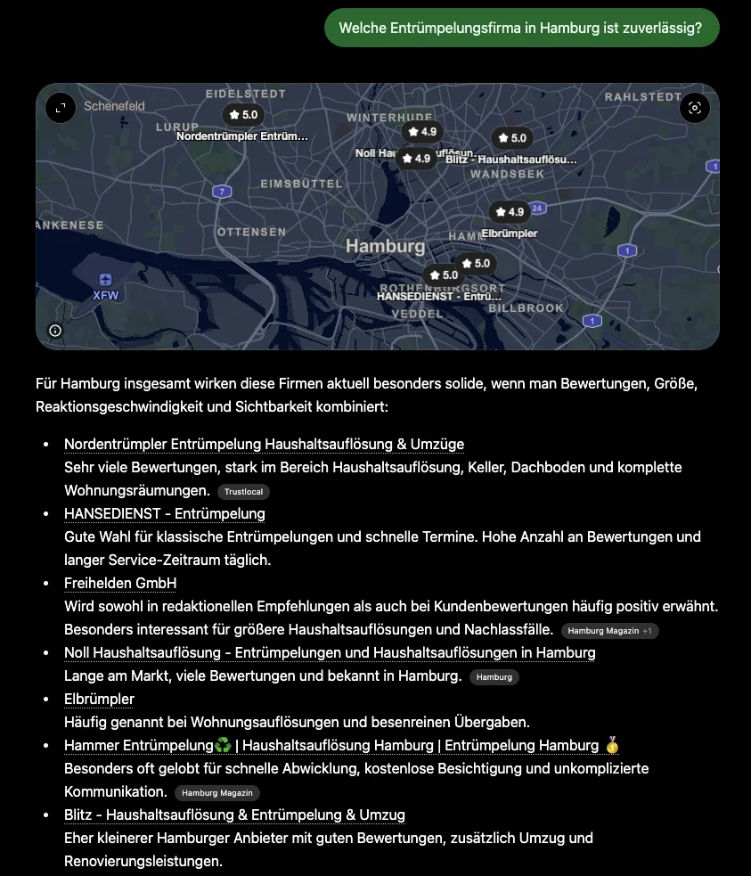 ChatGPT empfiehlt Blitz Hamburg auf die Frage nach einer zuverlässigen Entrümpelungsfirma in Hamburg