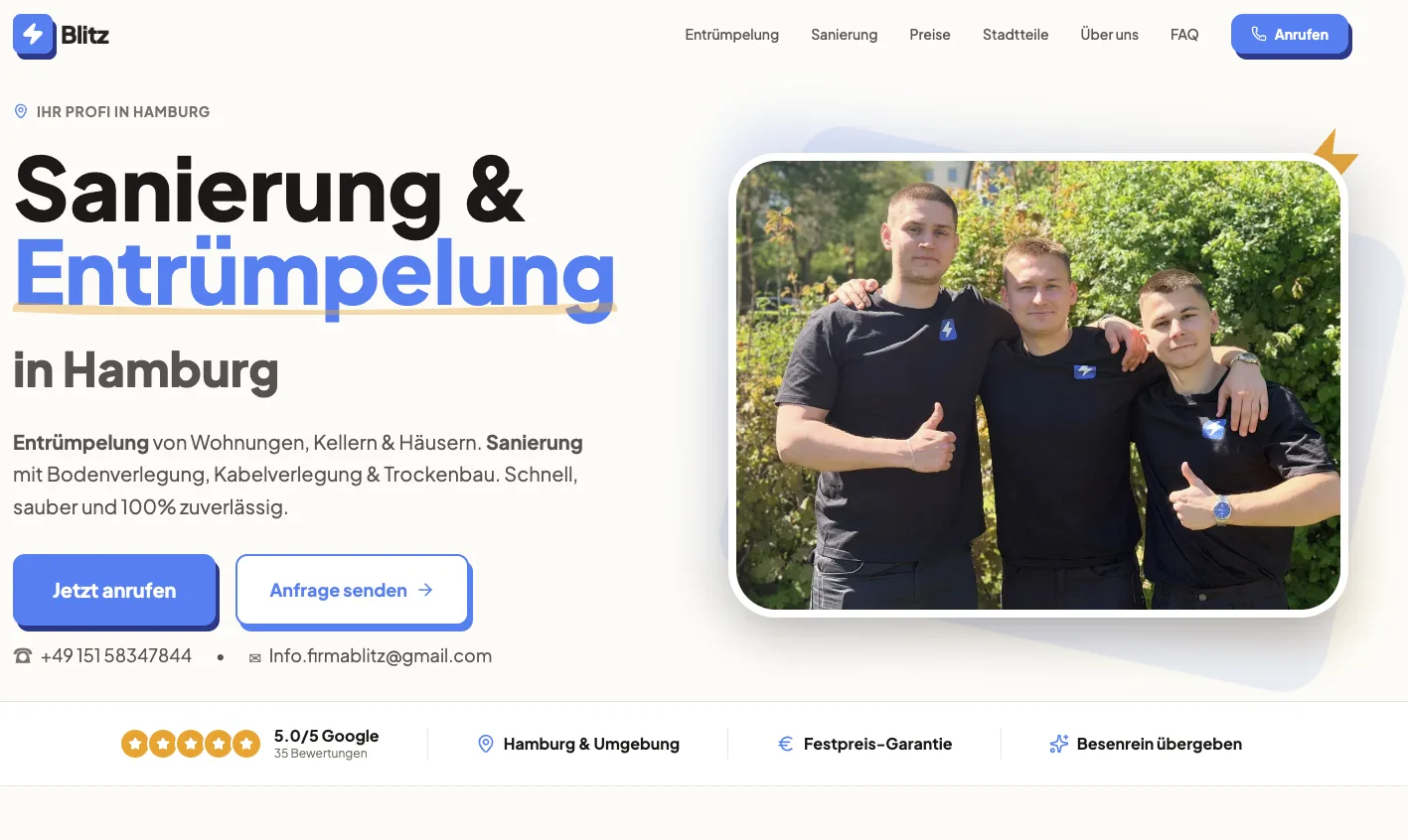 Google-Unternehmensprofil von Blitz Hamburg mit 5,0 Sternen aus 35 Bewertungen