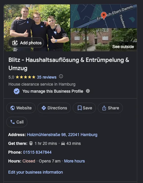 Startseite von Blitz Hamburg mit klarer Positionierung Sanierung und Entrümpelung in Hamburg
